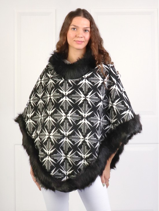 Geometric-Pattern Poncho W/ Fur Collar & Edge